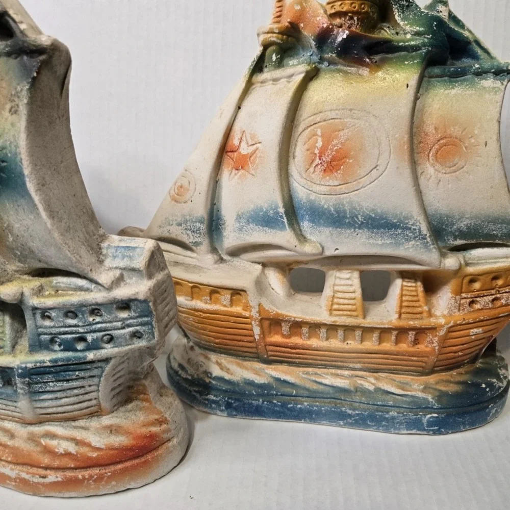 Vintage Chalkware Nautical Sailboat Bookends‎ Painted Coastal Decor Set Of 2